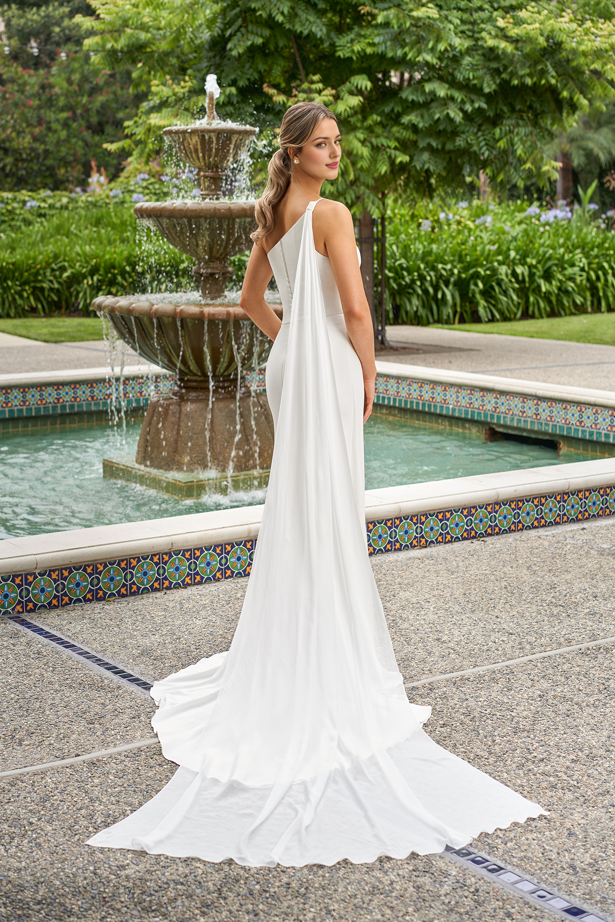A-line asymmetrical neckline sleeveless thin shoulder strap with exposed back side slit and floor length wedding dress